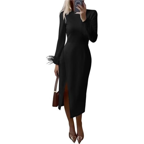 Dresses & Skirts - Women's 2025 Fall Long Sleeve Dress Formal Midi Bodycon Wrap Slit